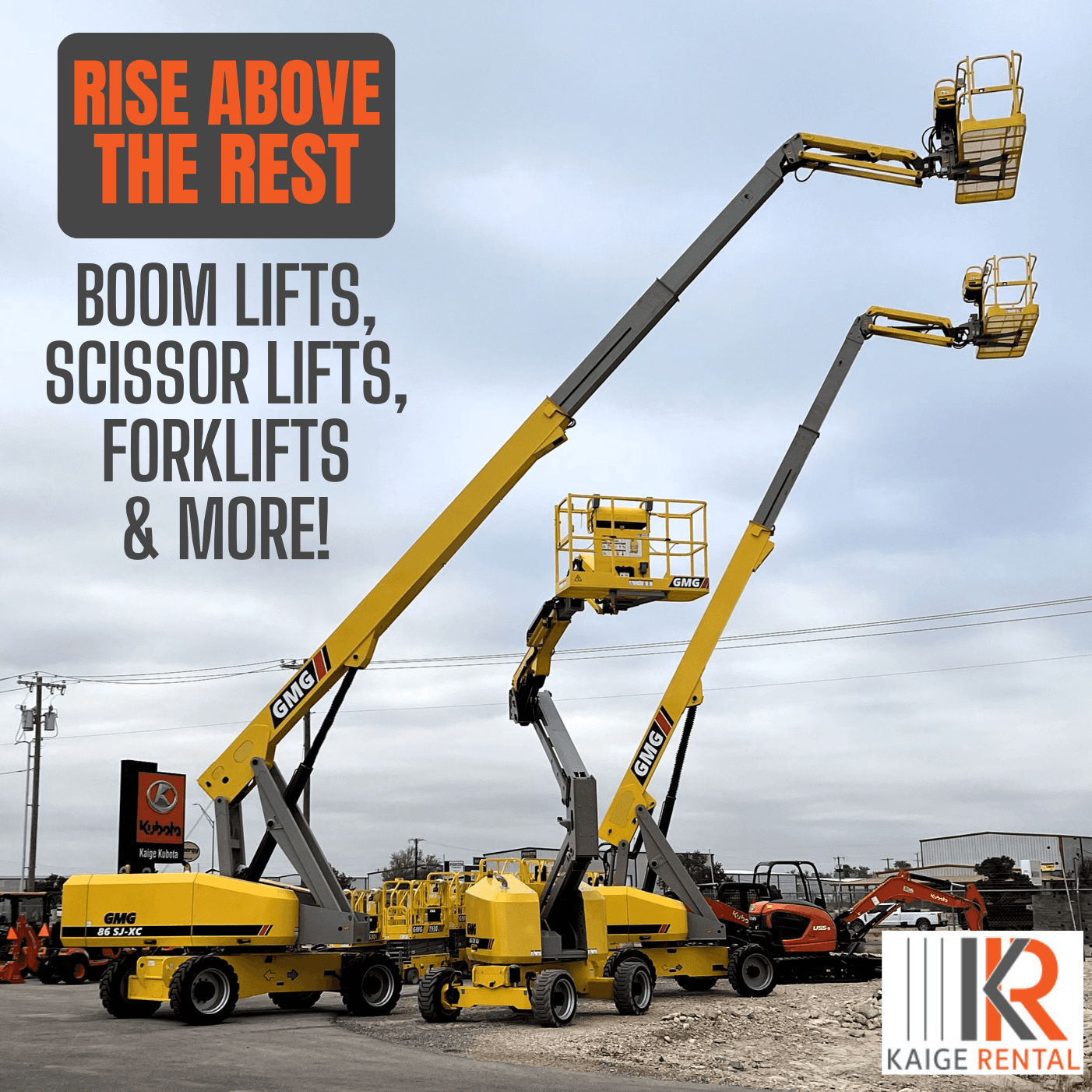 Picture of boom lifts to showcase that we have boom lifts, scissor lifts, forklifts, and more in our rental fleet.